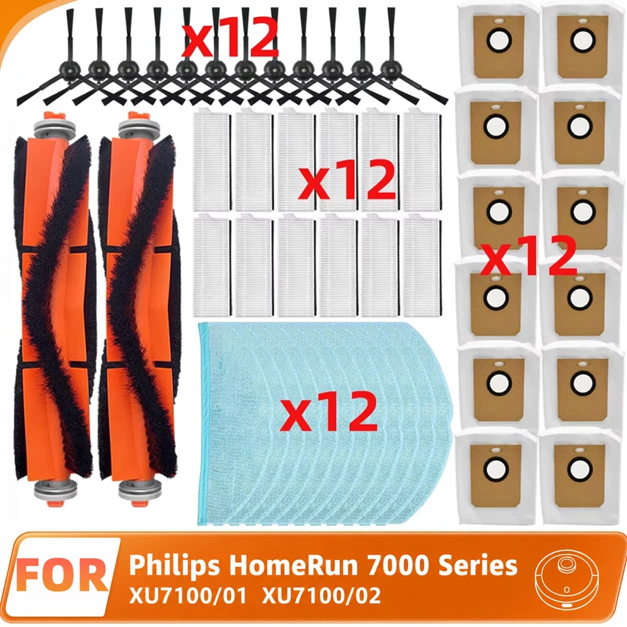 Compatible For Philips Homerun Serie 7000 XU7100 / 01 XU7100 / 02 Main Side Brush HEPA Filter Mop Cloth Dust Bag Accessories