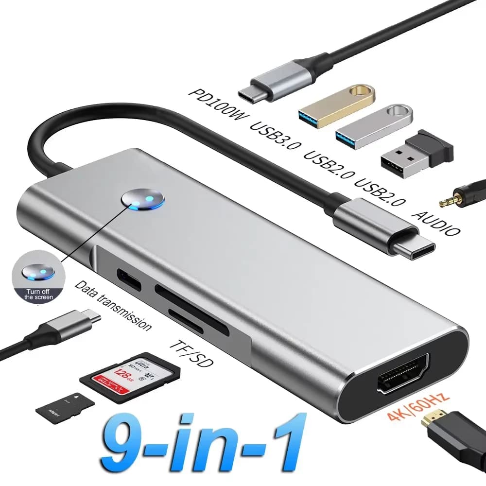 Hub USB C a 9 porte per lettore di schede SD TF compatibile HDMI 4K USB 3.0 2.0 HUB Tipo C Docking di ricarica per MacBook iPad Samsung