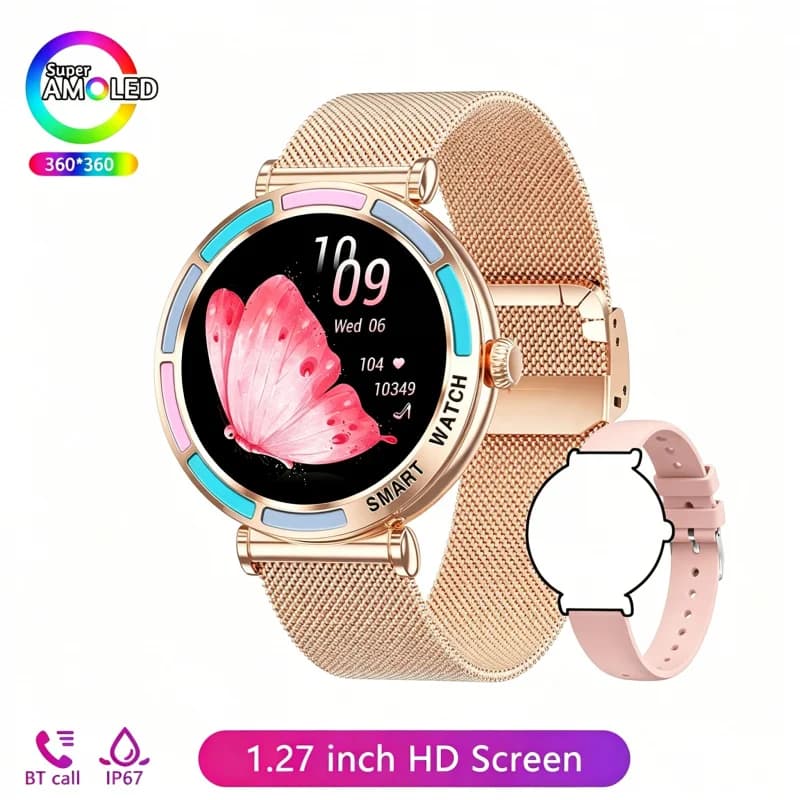 Smartwatch da Donna alla Moda con Schermo ad Alta Definizione, Lettore Musicale, Braccialetto Fitness, Chiamate BT, Impermeabile, Monitoraggio della Salute