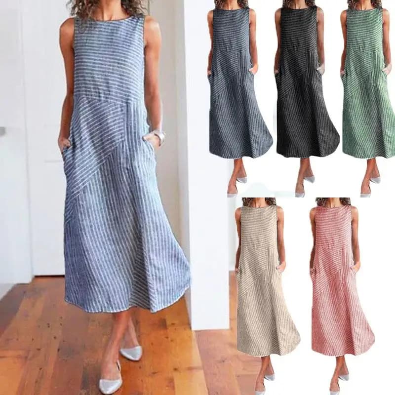 Simple Stripe Cotton Linen Sleeveless A-Line Dress Commute Style Summer Women's Dress round Neck Summer Collection