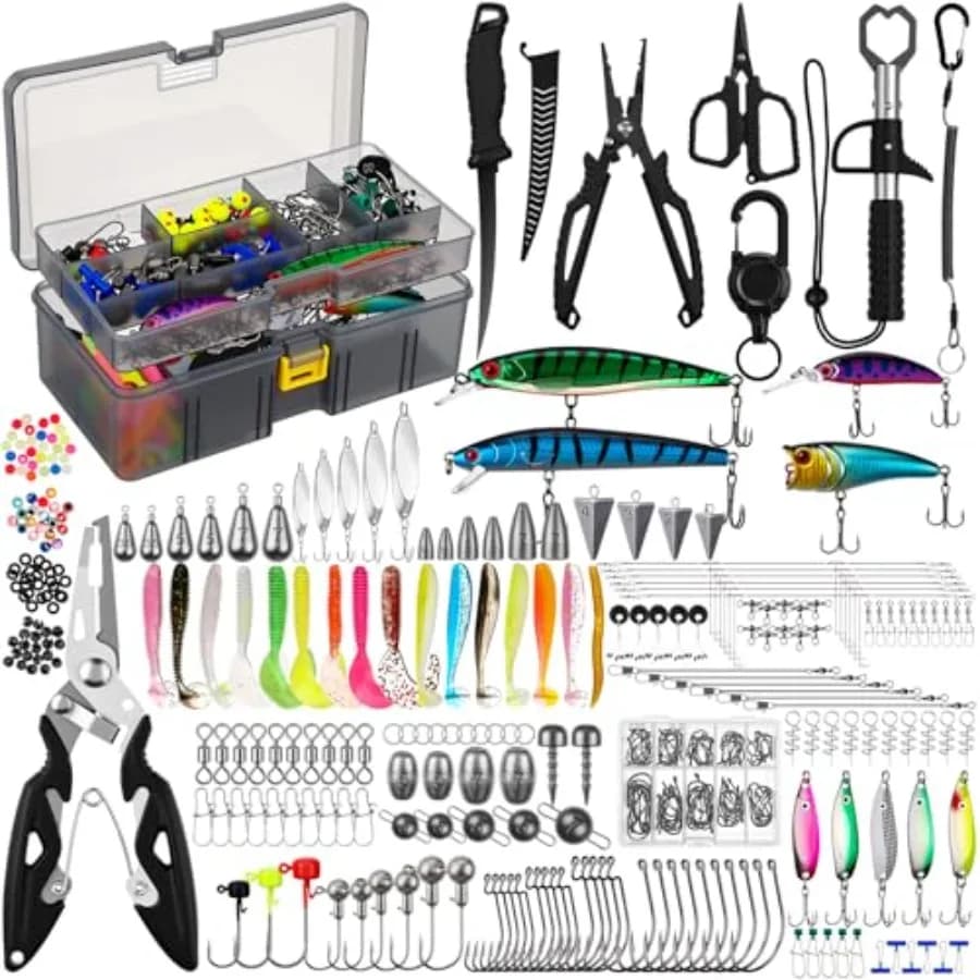 Kit di Esche da Pesca con Scatola Porta Attrezzi, Pinze, Pinza per Pesci, Set di Attrezzatura per Acqua Salata e Dolce per Spigola e Trota, Ami, Pesi, Galleggianti