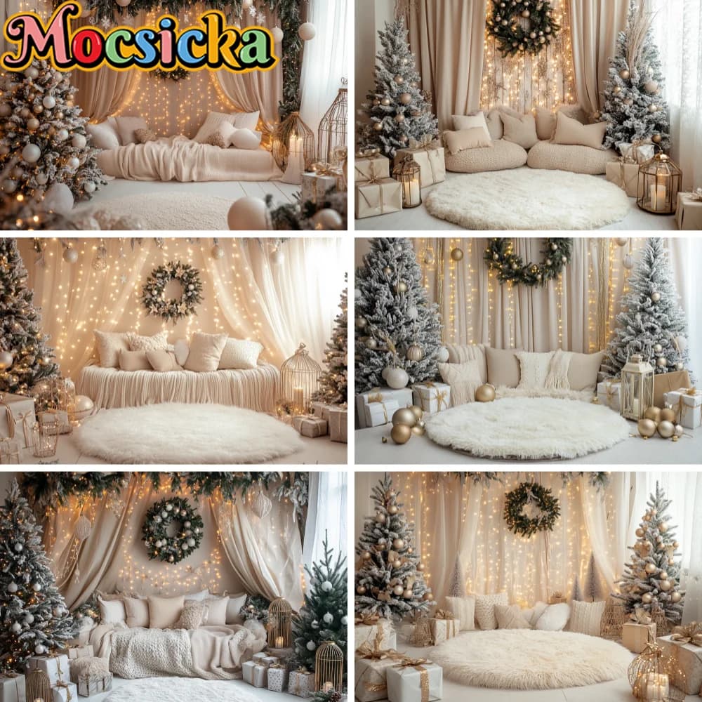 Boho Beige Curtain Christmas Bedroom Photography Backdrop Flocked Xmas Tree Warm Fairy Light Gift Box Background Newborn Decor
