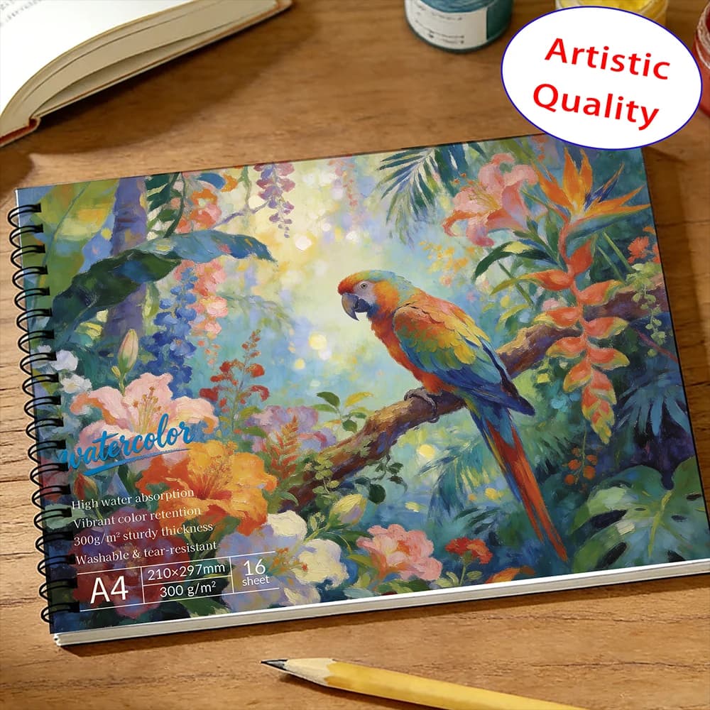 A4 Spiral Watercolor Pad 300gsm, Tropical Macaw Parrot Cover, 16 Sheets Acid-Free Art Sketchbook for Back to School & Gifti