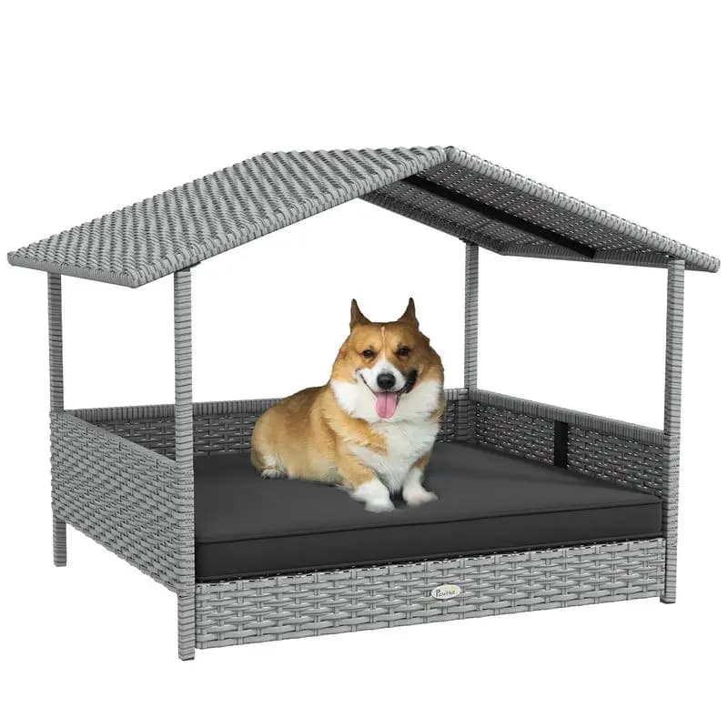 Casetta per cani in vimini con baldacchino, lettino per cani in rattan con cuscino resistente all'acqua per cani di piccola e media taglia, riparo per animali da esterno grigio