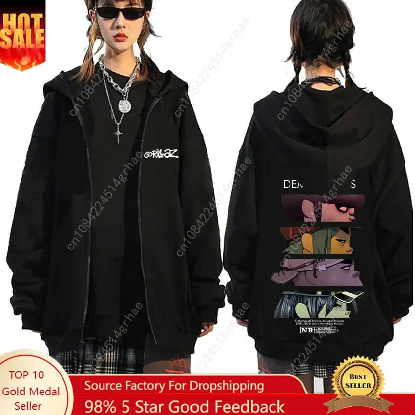 Felpa con Cappuccio e Zip Gorillaz Demon Days Eyes, Giacca Oversize Hip Hop alla Moda per Uomo, Felpa Unisex con Zip