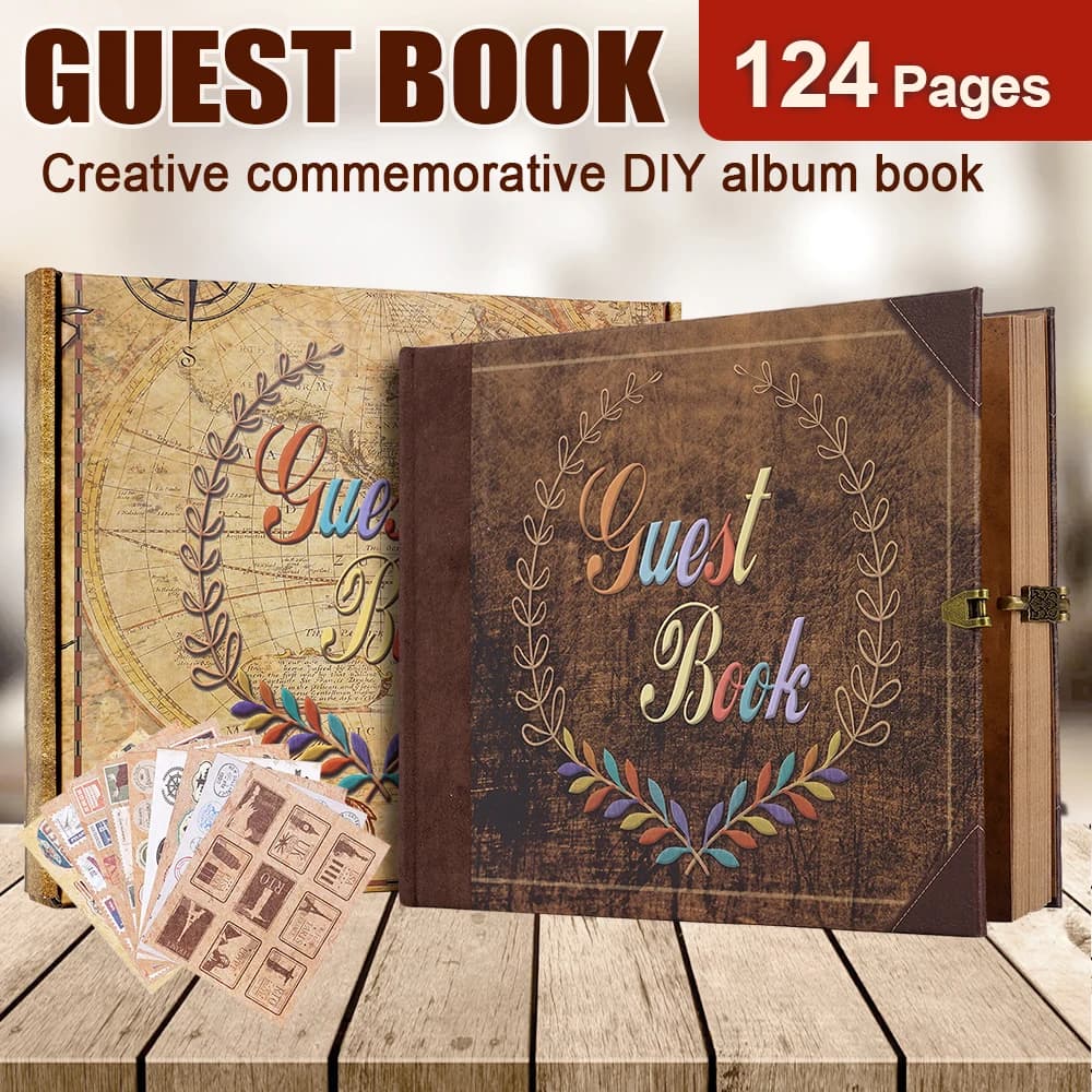 Retro Our Adventure Book Guest Book 124 Pages DIY Scrapbook Photo Album with 9 Stickers Kit Vintage Kraft Memory Book