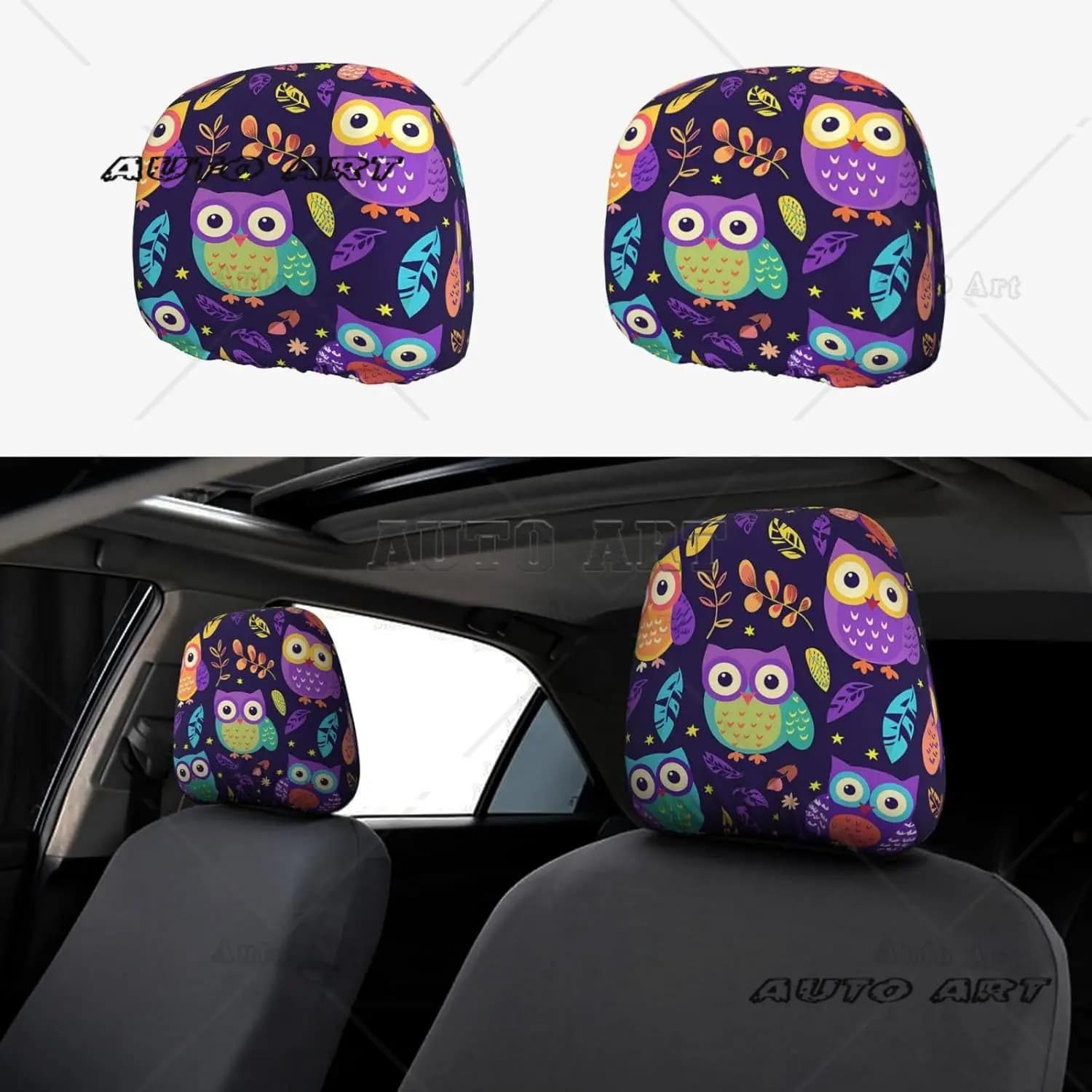 Set di 2 coperture per poggiatesta per auto con foglie di uccelli gufo viola, set di 2 accessori universali per poggiatesta per sedili automobilistici per camion per auto