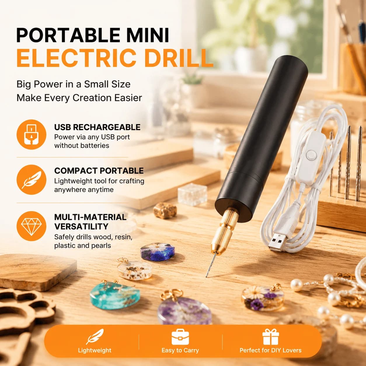 Portable Mini Electric Drill USB Rechargeable Cordless Handheld High Speed Rotary Tool Engraving Pen for Epoxy Resin Jewelry Making Pearl Keychain Wood Plastic Craft Boring Punching Tools Kit DIY Art Supplies
