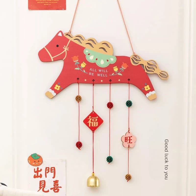 New Year Wooden Horse Wind Chime Pendant Spring Festival Atmosphere Ornament Home Wall Decoration Festival Hanging New YearGift