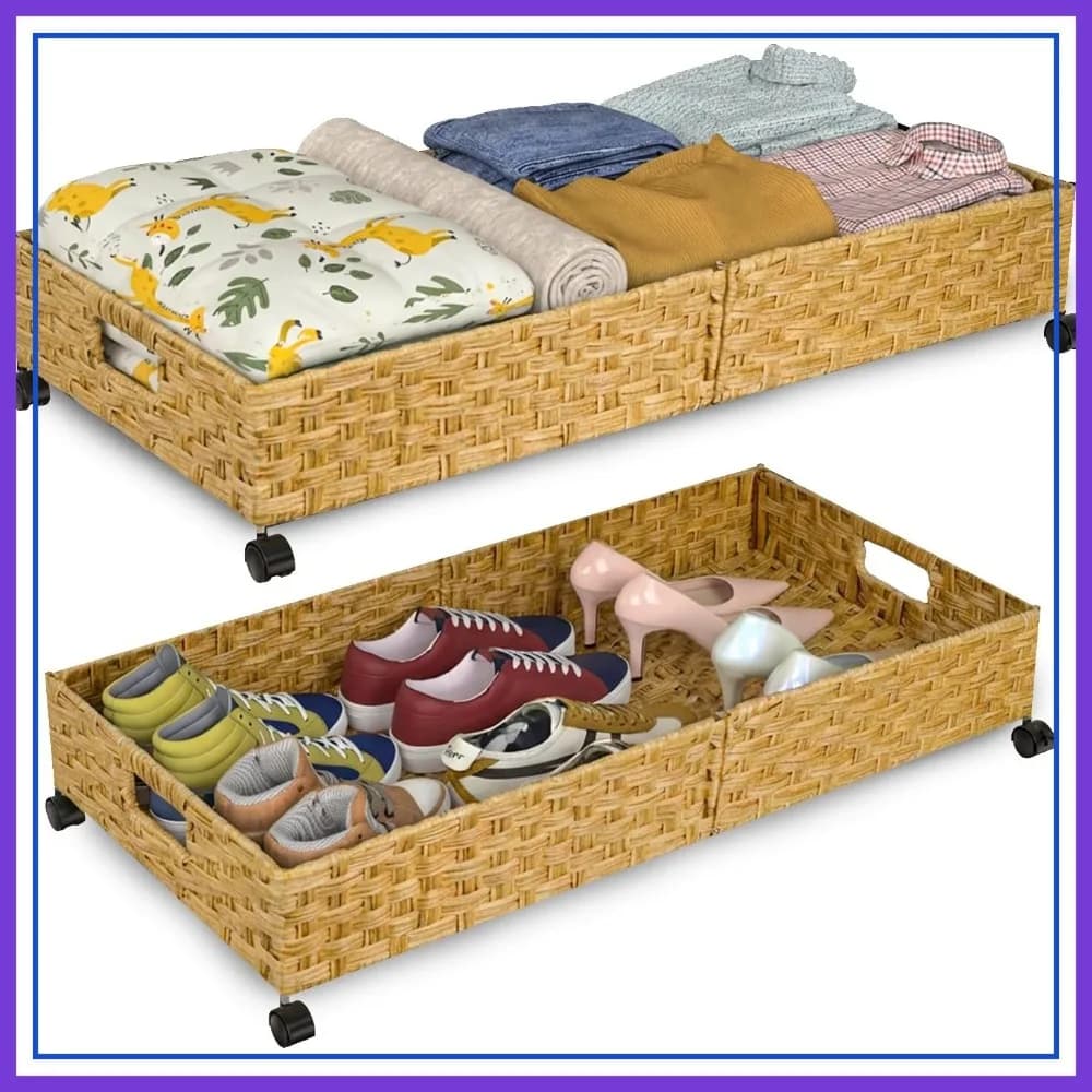 Contenitore portaoggetti sottoletto in rattan intrecciato a mano da 31,5 pollici con ruote, organizer mobile per lenzuola, vestiti, coperte