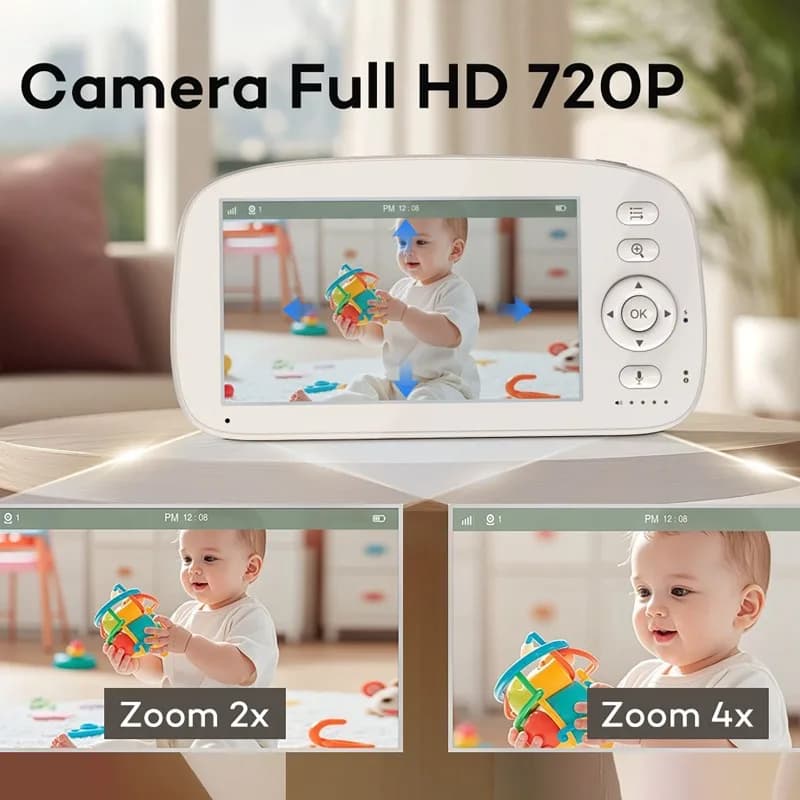 Monitor per Bambini da 5 Pollici con Interfono Bidirezionale, Telecamera Rotante PTZ, Visione Notturna, VOX, Ninna Nanna, Monitor per la Cura del Bambino, Monitor Video Portatile