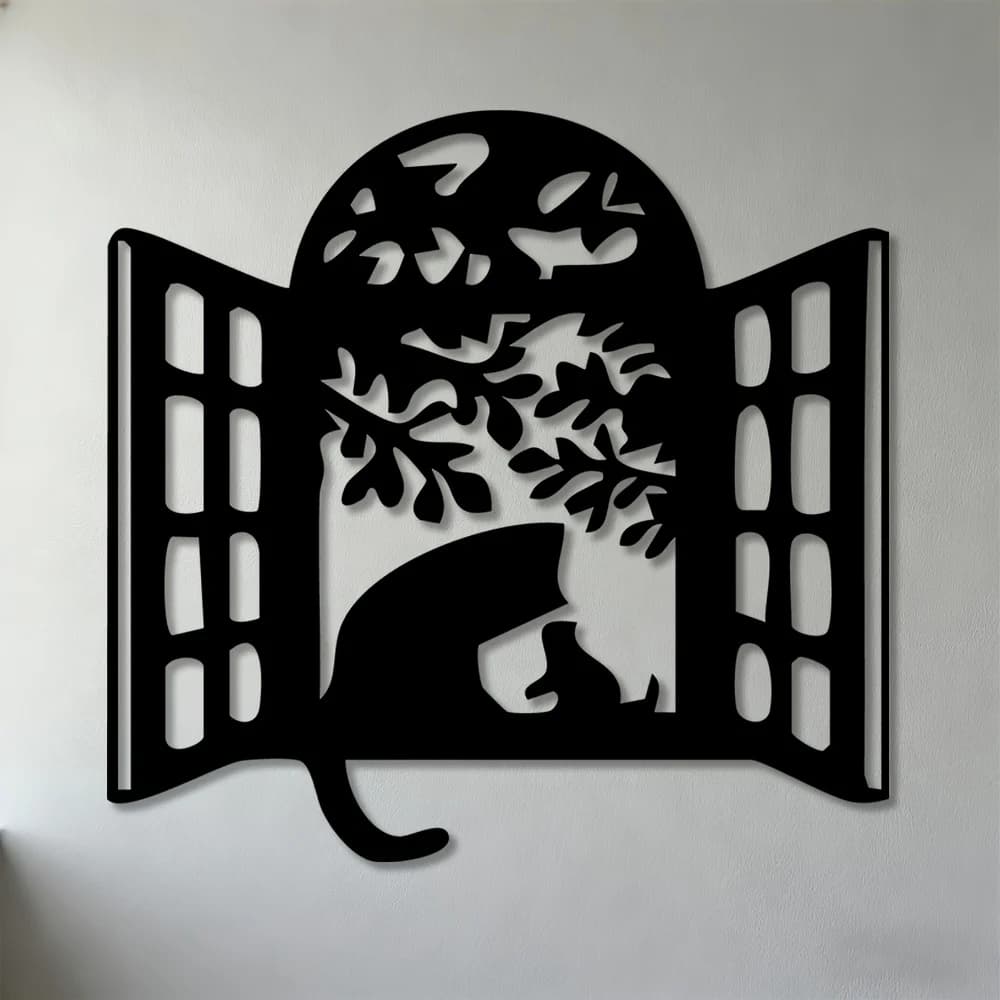 Regalo per la Festa della Mamma, Scultura da Parete in Metallo 2D, 1 Pezzo, Design Moderno e Minimalista con Gatto alla Finestra e Albero