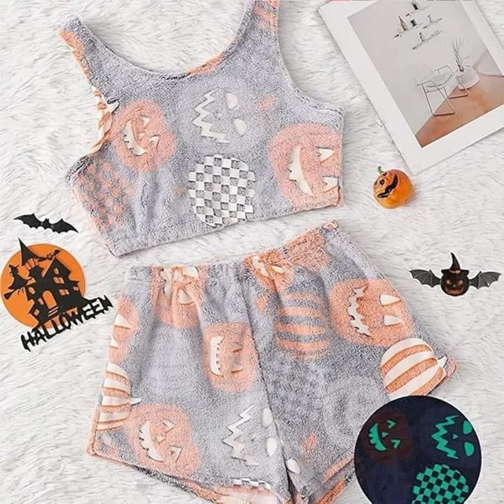 Thickened Spooky Vest Pajama Set Coral Velvet Pajamas Print Sleeveless Fuzzy Pajama Set Two-Piece Glow-in-The-Dark Homewear Suit