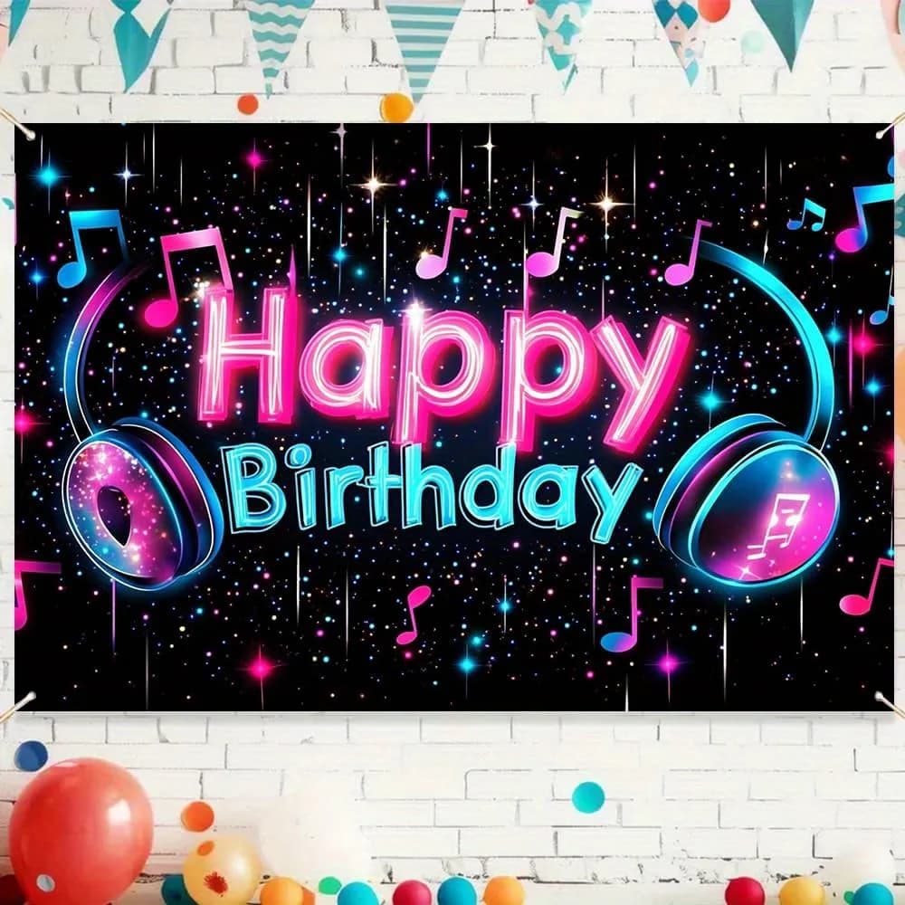 1pc TikTok-themed birthday banner - A vibrant neon party background with sparkling stars and notes, polyester