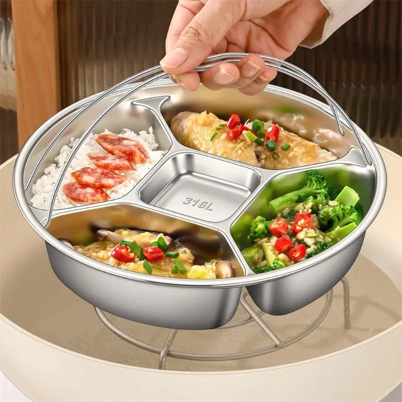 316 Stainless Steel Round Divided Steamer Plate with Handle Portion Control Weight Loss Multi Compartment Tray Steamer Pot