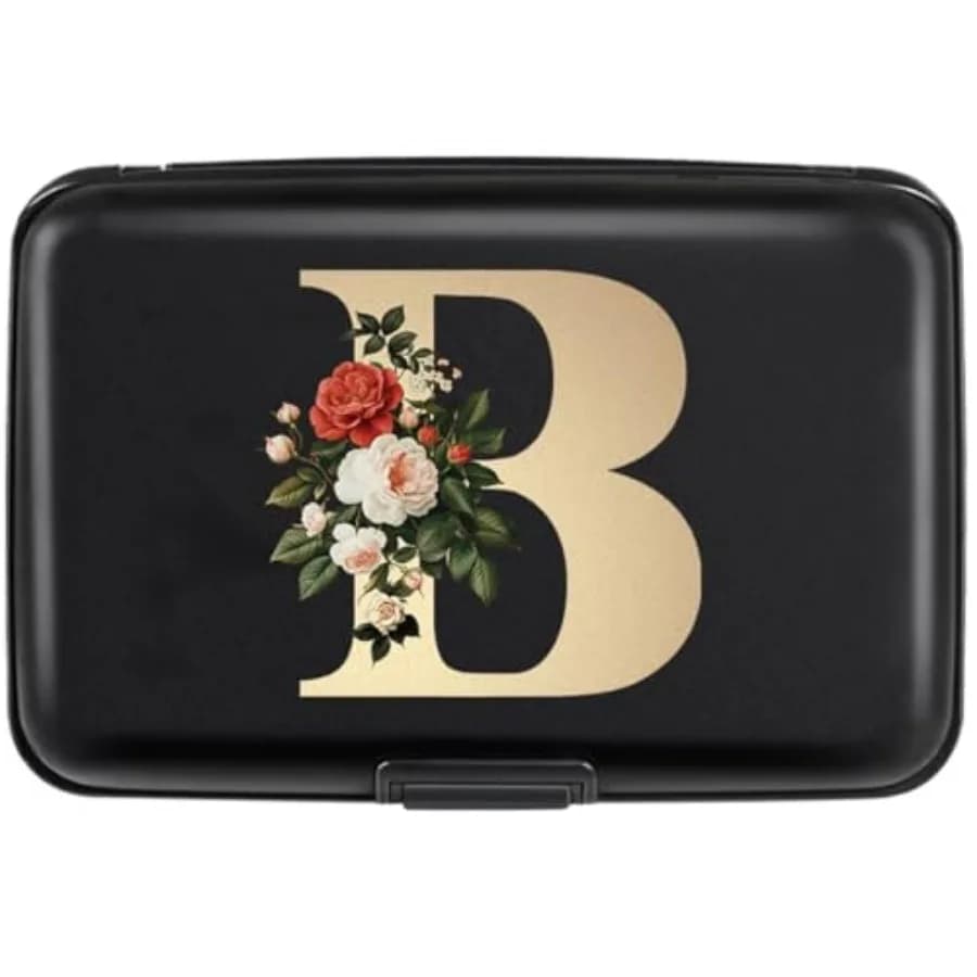 Credit Card Holder Personalized Initial Letter B Small Aluminum Wallet Rose Flower Card Case RFID Blocking Wallets for Women an