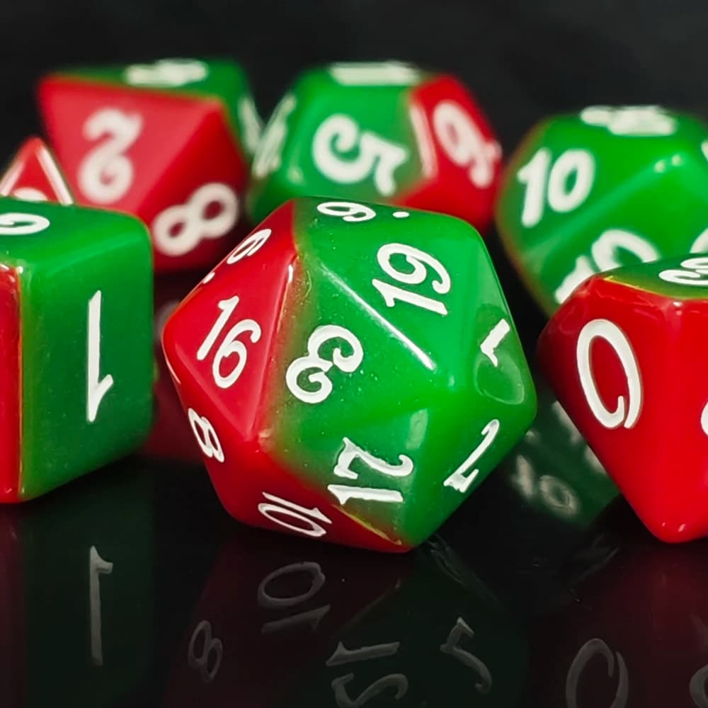 Set di Dadi Poliedrici Bicolore Rosso e Verde, Set da 7 Dadi in Acrilico con Numeri Bianchi per Dungeons & Dragons, TRPG, Giochi da Tavolo
