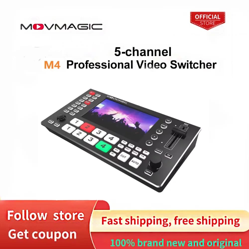 MOVMAGIC M4 5CH video switcher with 2HDMI input (4K/60P) from 5.5 inch with 4HDMI input and 1USB, USB stream 3,1, PTZ/USB/SD support.