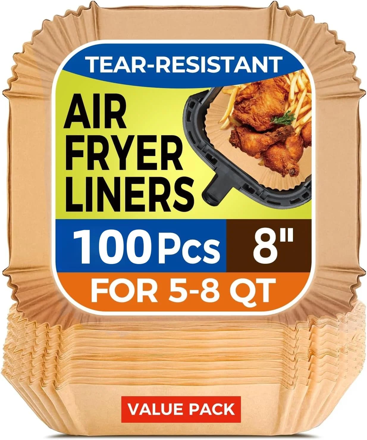 6 inch square oven paper for air fryer, 100 sheets, oil and water resistant, certified for food, non-stick, easy to detach, for 3-6 QT baskets