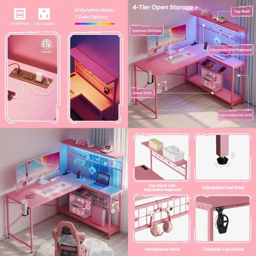 Scrivania da Gaming a L da 51 Pollici con Prese di Corrente, Luci LED, 4 Ripiani, Tavolo Reversibile, Ganci e Portabicchieri - Rosa Fibra di Carbonio