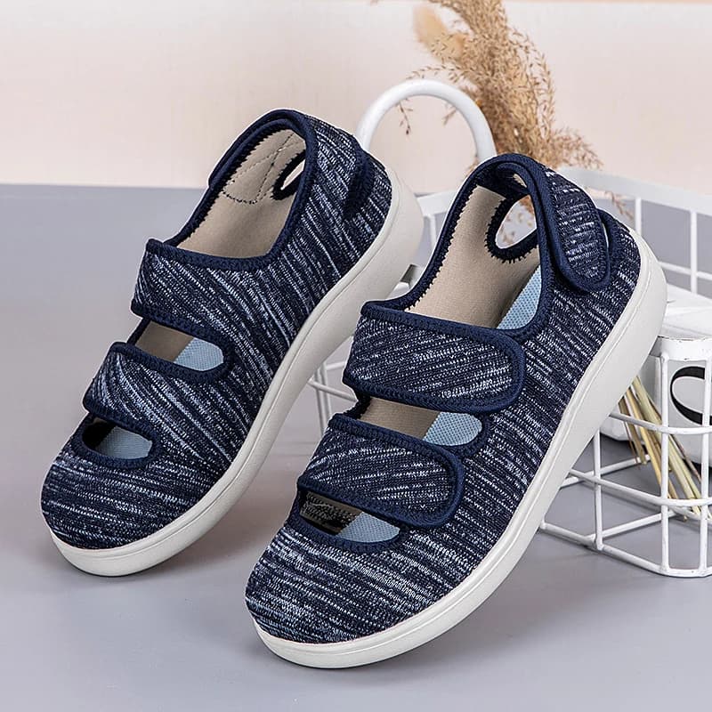 Sandali larghi unisex per diabetici con supporto plantare, doppio cinturino regolabile, aperti, leggeri, comodi e piatti.