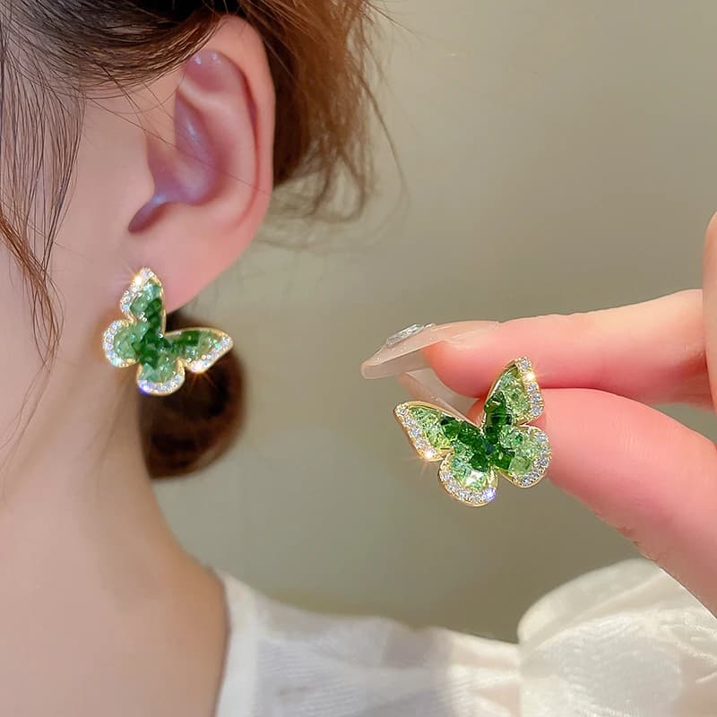 Orecchini a Farfalla Verdi con Cristalli e Zirconi, Eleganti Orecchini a Perno per Donne, Gioielli Estivi alla Moda per Ragazze, Regalo K-
