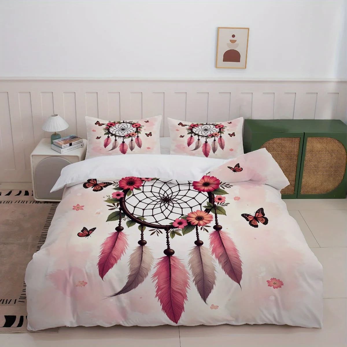Dream Catcher Duvet Cover, Boho Feather Comforter Cover Set, Watercolor Style Quilt Cover Botanical Floral Butterfly Bedding Set