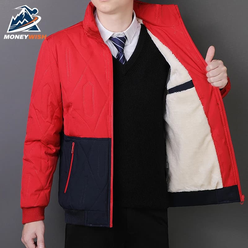 MONEYWISH Cotton Jacket 2025 New Style Color Blocking Fleece Thicknessed Anti Cold Warm Coat Hooded Winter Men's Coat Cotton