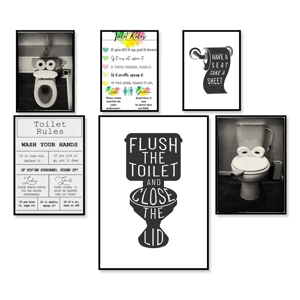 Divertente arte da parete per WC, regole per WC, accessori per il bagno, spazzolatura e filo interdentale, stampa per WC, poster moderno per targa per il bagno