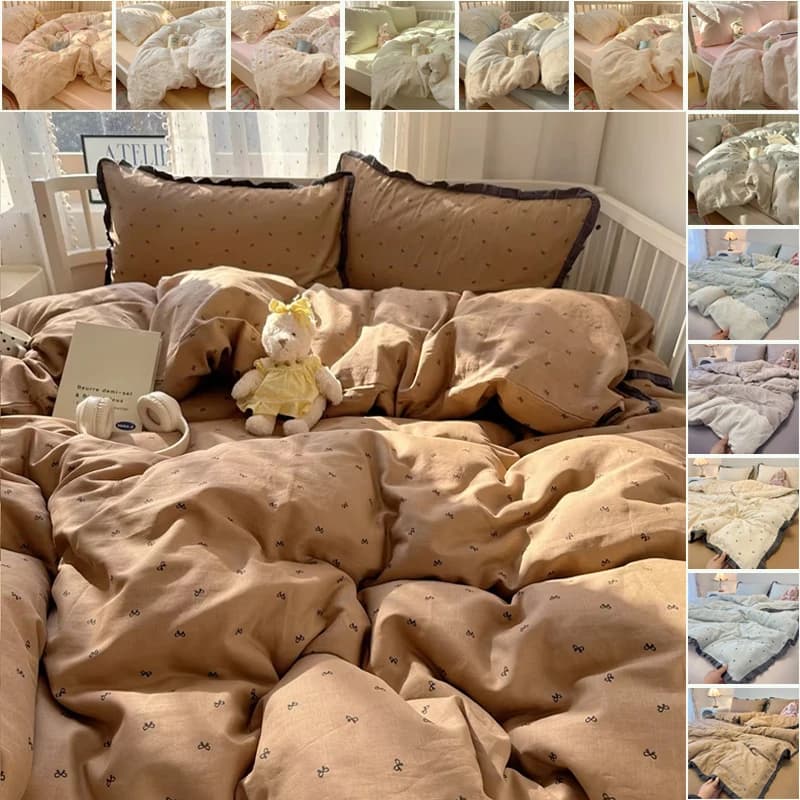 3/4 pezzi set biancheria da letto in cotone lavato stile francese pizzo volant copripiumino lenzuolo federa stampa attiva INS carino arredamento camera da letto
