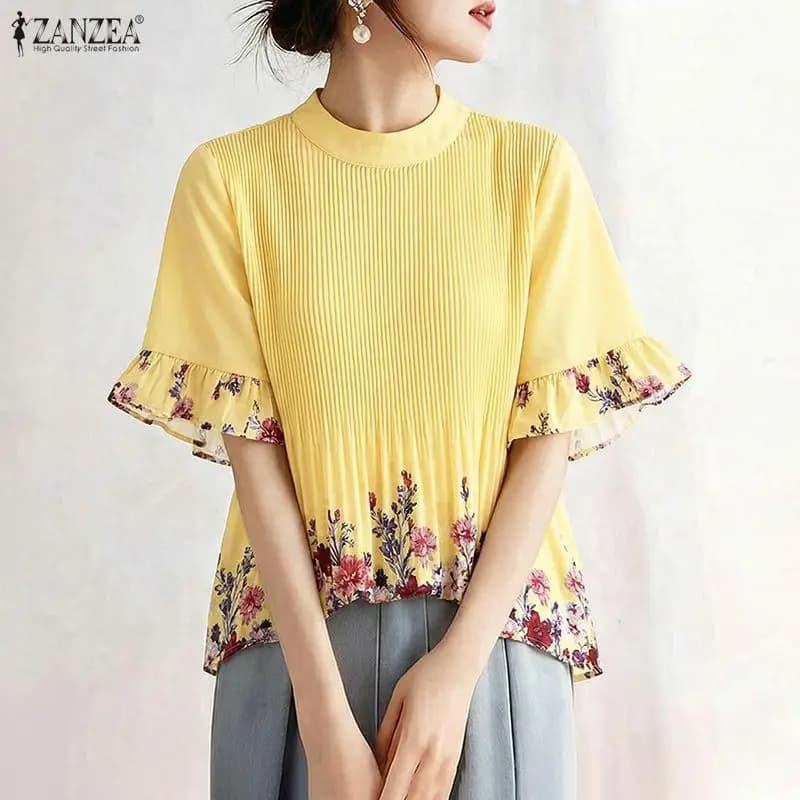 2026 Summer Floral Patchwork Blouse ZANZEA Women Elegant Work Shirt Stand Neck Short Sleeve Pleated Blusas Bohemain Holiday Tops