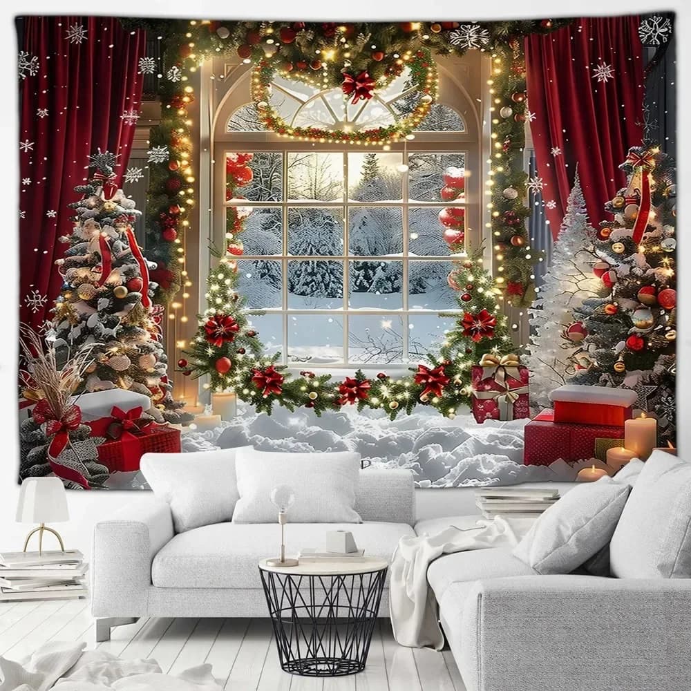 Christmas Day party decoration tapestry Winter snow scene Christmas tree garland window landscape wall hanging home decoration