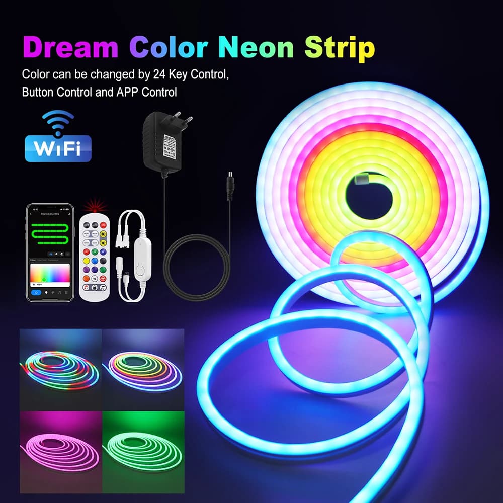 5M WS2811 WiFi Smart RGB Neon LED Strip Light 24Key Remote Control 12V EU/US/UK/AU Plug 84LED/M Playroom Decoration 1M 2M 3M
