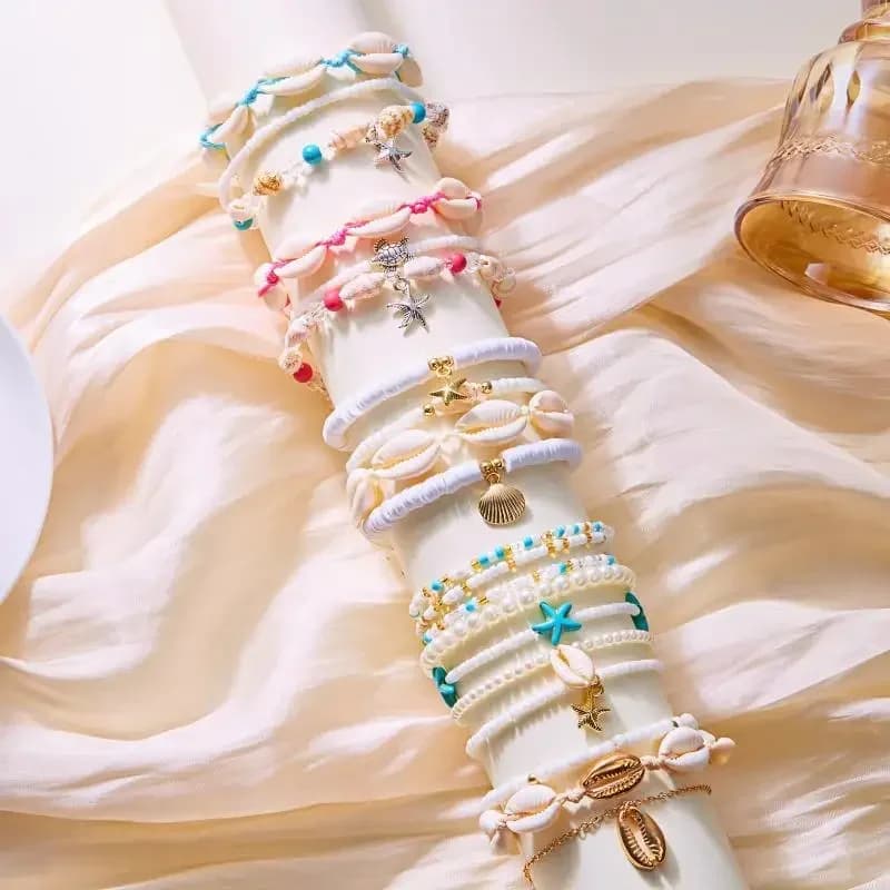 Cavigliera con perle imitazione stella marina multistrato per donna Bracciale con perline in argilla polimerica con tartaruga conchiglia sulla gamba Cavigliere fortunate con malocchio