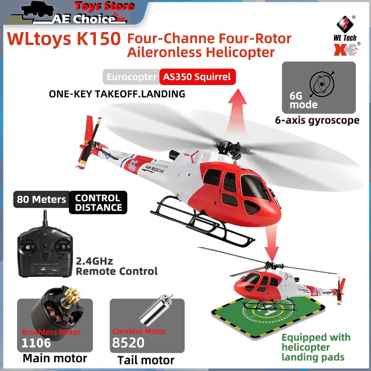 WLtoys K150 AS350 Squirrel Elicottero RC 2.4GHz 4CH con Motore Brushless e Giroscopio a 6 Assi, Modellino di Elicottero, Giocattoli per Ragazzi, Regalo