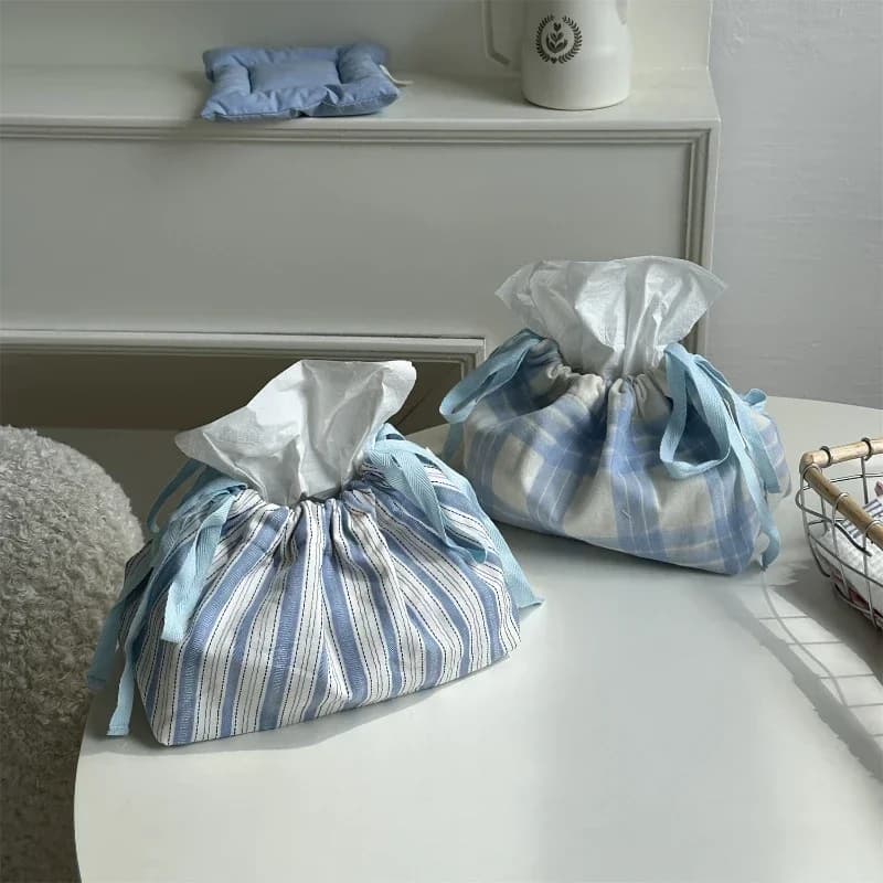 Scatola per fazzoletti portatile Disegna la corda Borsa per la conservazione dei fazzoletti Ins Griglia a strisce Organizzatore di carta Custodia per salviette umidificate Custodia per auto Utile all'aperto Coreano