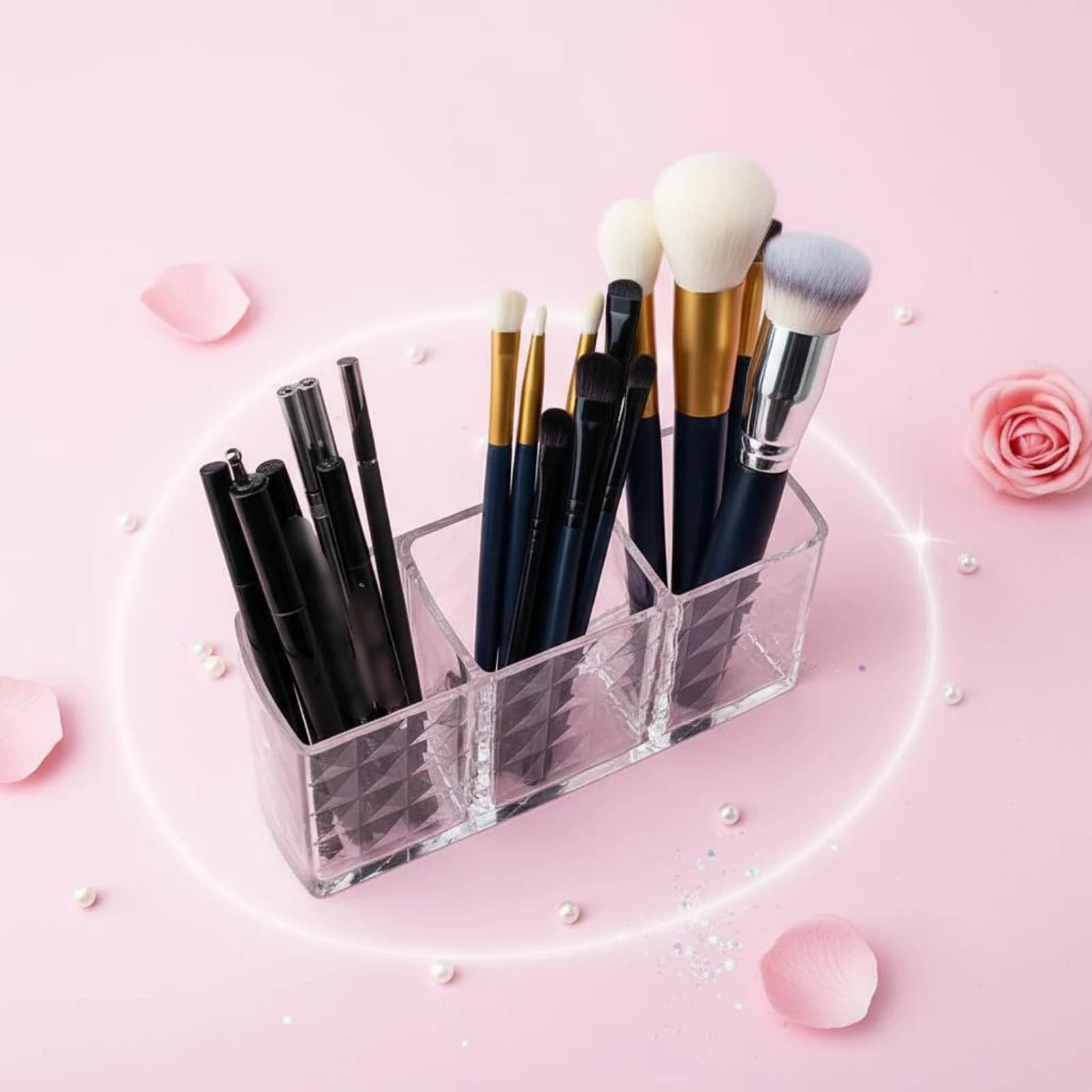 Acrylic Makeup Brush Holder Multifunction 3-Slot Brush Holder Storage Item Easy to Clean-spaceSaving for Desk