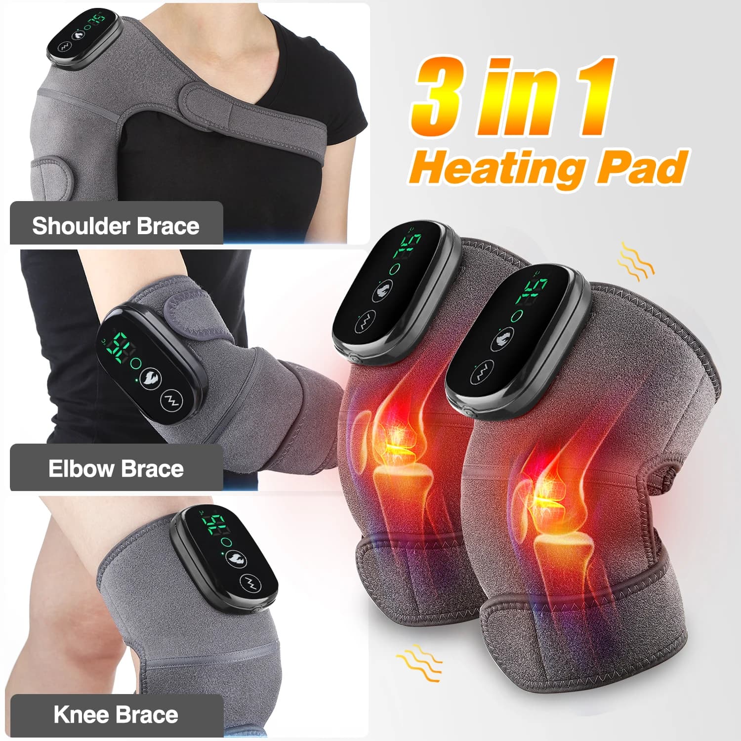 Massaggiatore Elettrico 3 in 1 per Ginocchio, Spalla, Gomito e Gamba, Batteria da 5000mAh, Fascia Riscaldante per Ginocchio, Massaggiatore a Vibrazione Ricaricabile