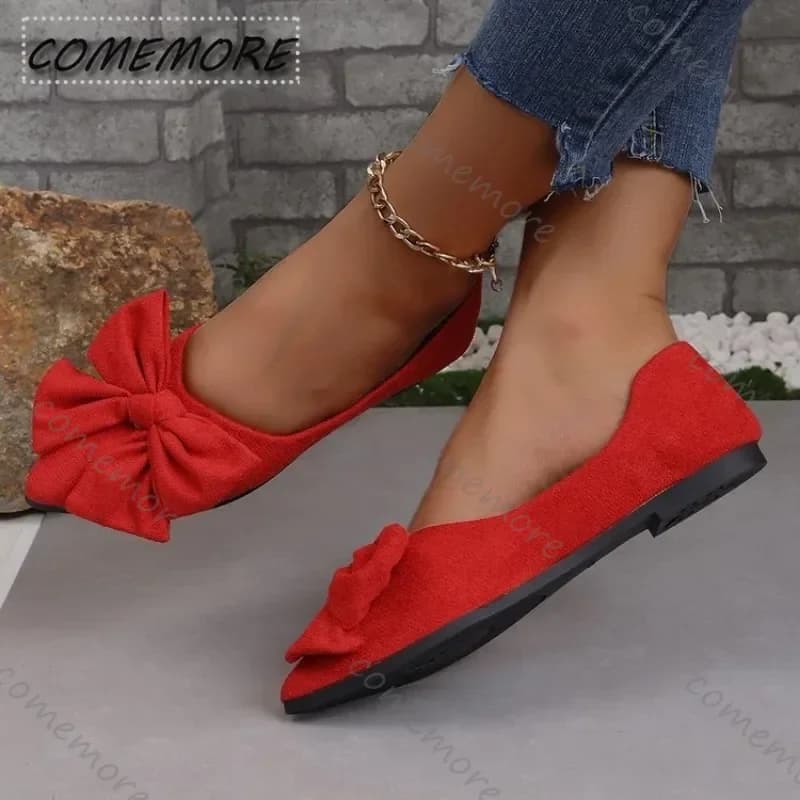 Scarpe basse da donna Scarpe a punta Scarpe casual in pelle scamosciata femminile Fiocco Primavera Estate Rosso Nero Moda di grandi dimensioni 36-43 Comode all'aperto