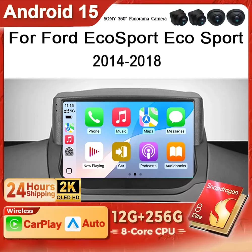Android 15 2K QLED For Ford EcoSport Eco Sport 2014 - 2018 Carplay Auto radio Stereo Head unit Multimedia Player LED Navigation