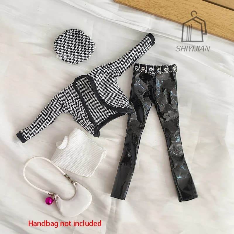 Moda Spice Girl Giacca scozzese + Cappello + Gilet + Pantaloni in pelle lucida Set per 1/6 BJD Babi Supermodelo Bambola 30 cm Vestiti per bambole Accessori