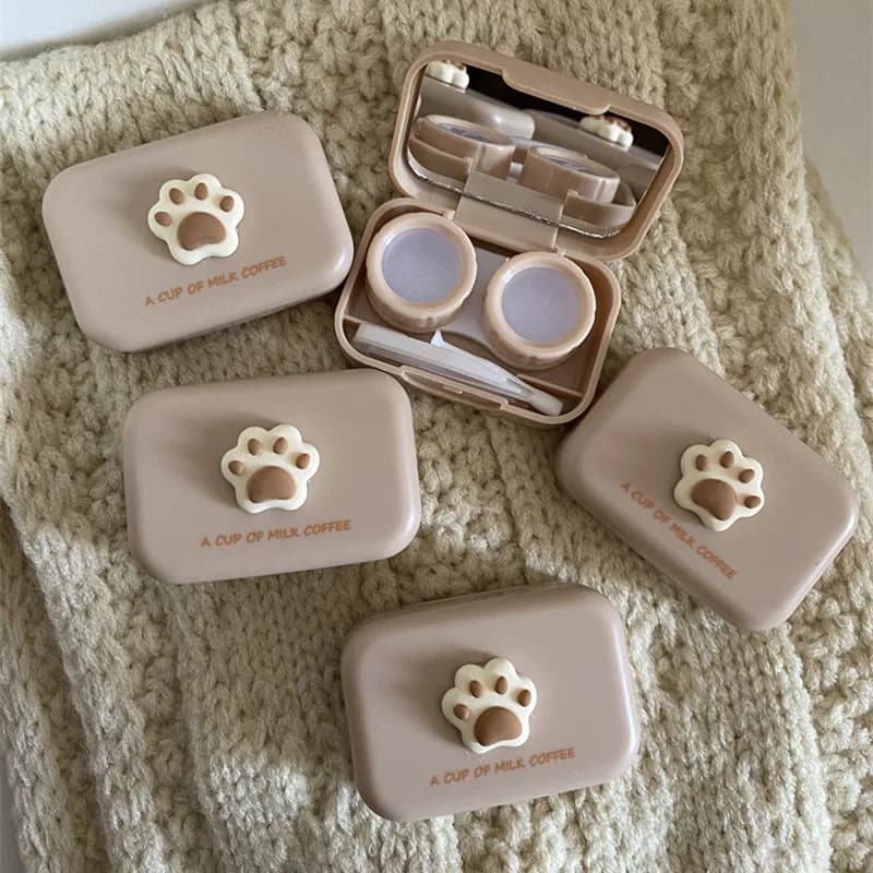 Ins Milk Tea Color Cute Cat Paw Scatola per lenti a contatto per ragazze Custodia per lenti a contatto compatta e portatile Custodia per lenti a contatto da viaggio