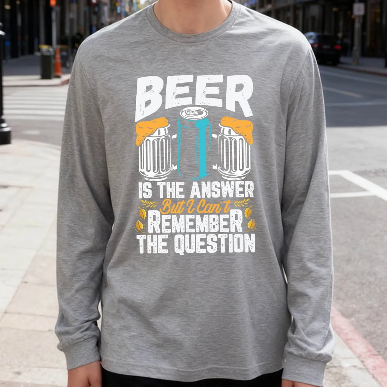 Men's Long Sleeved T-shirt Beer Is the Answer 180g 100% cotton printed casual crew neck to wear every day soft and breathable