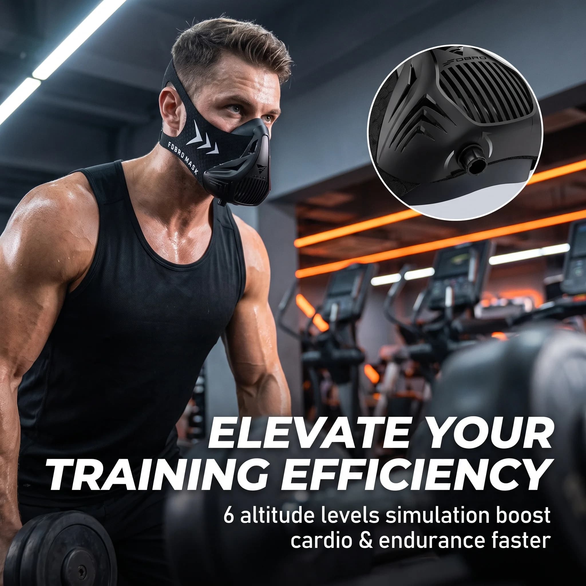 Training Mask Black M Size, 6 Gear Altitude Adjustment, 49-51cm Head Circumference Breathable Adjustable Fitness Mask Suitable for 65-100kg