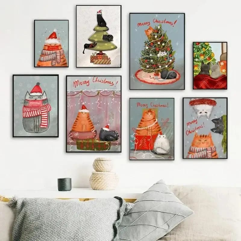 Babbo Natale gatto ornamenti per l'albero di Natale poster stampabile su tela da parete per soggiorno camera da letto decorazioni per la casa festive stampa decorativa