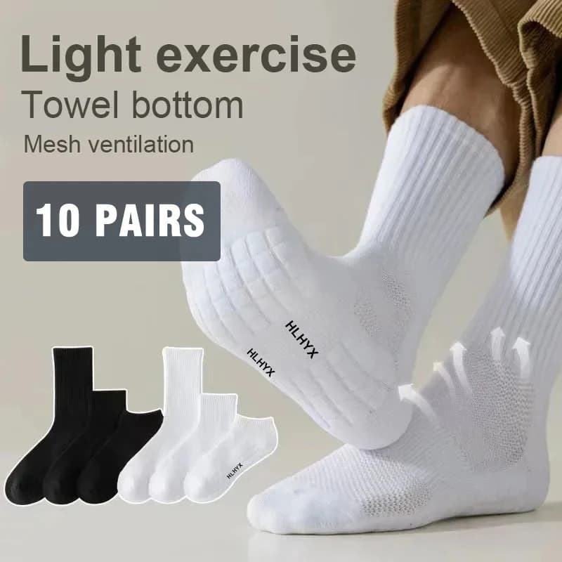 10 paia di calzini HLHYX da uomo in cotone deodorante, con fondo in spugna, a tubo medio, bianchi, spessi, per sport e basket
