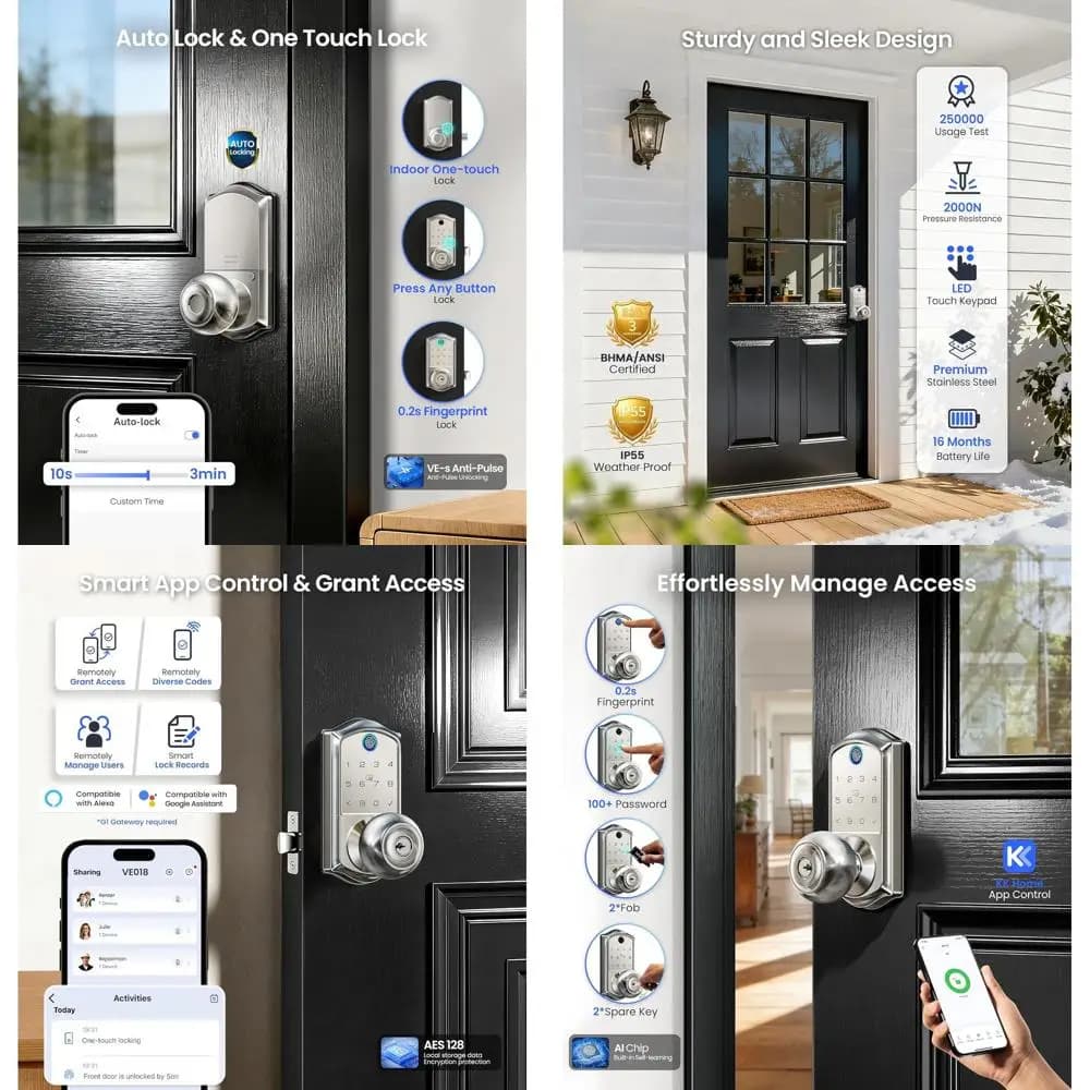 Serratura Intelligente con Impronta Digitale e Controllo App, Tastiera Digitale, Chiusura Automatica, Accesso Remoto Condivisibile, Resistente alle Intemperie, Satin Nic