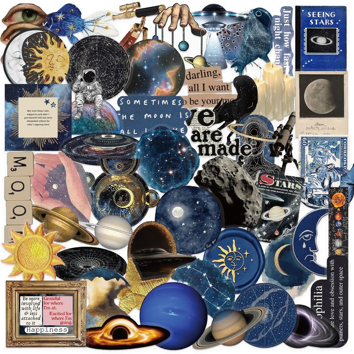 50Pcs/Set Aesthetic Galaxy Stickers, Watercolor Space Moon Sun Planet Vinyl Stickers, Waterproof PET Decals Astrology Decor
