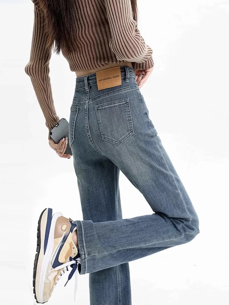 Retro Slim Straight Women's Jeans High Waist Elastic Casual Cotton Blend Spring Summer Versatile Slimming Smoke Tube Pants
