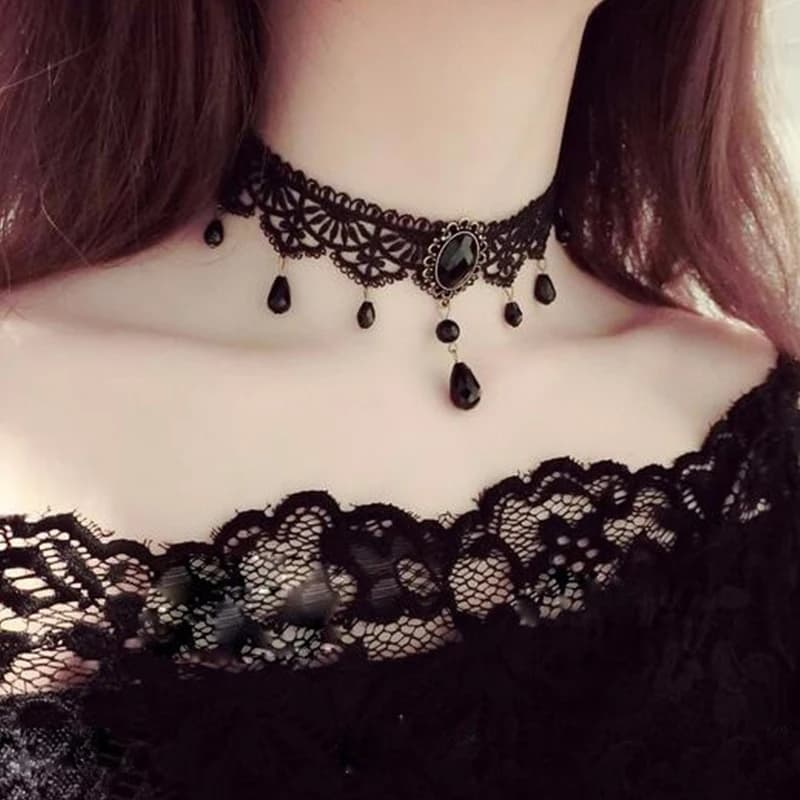 1pc Beautiful Sexy Gothic Chokers Crystal Black Lace Neck Choker Necklace Vintage Victorian Women Chocker Steampunk Jewelry